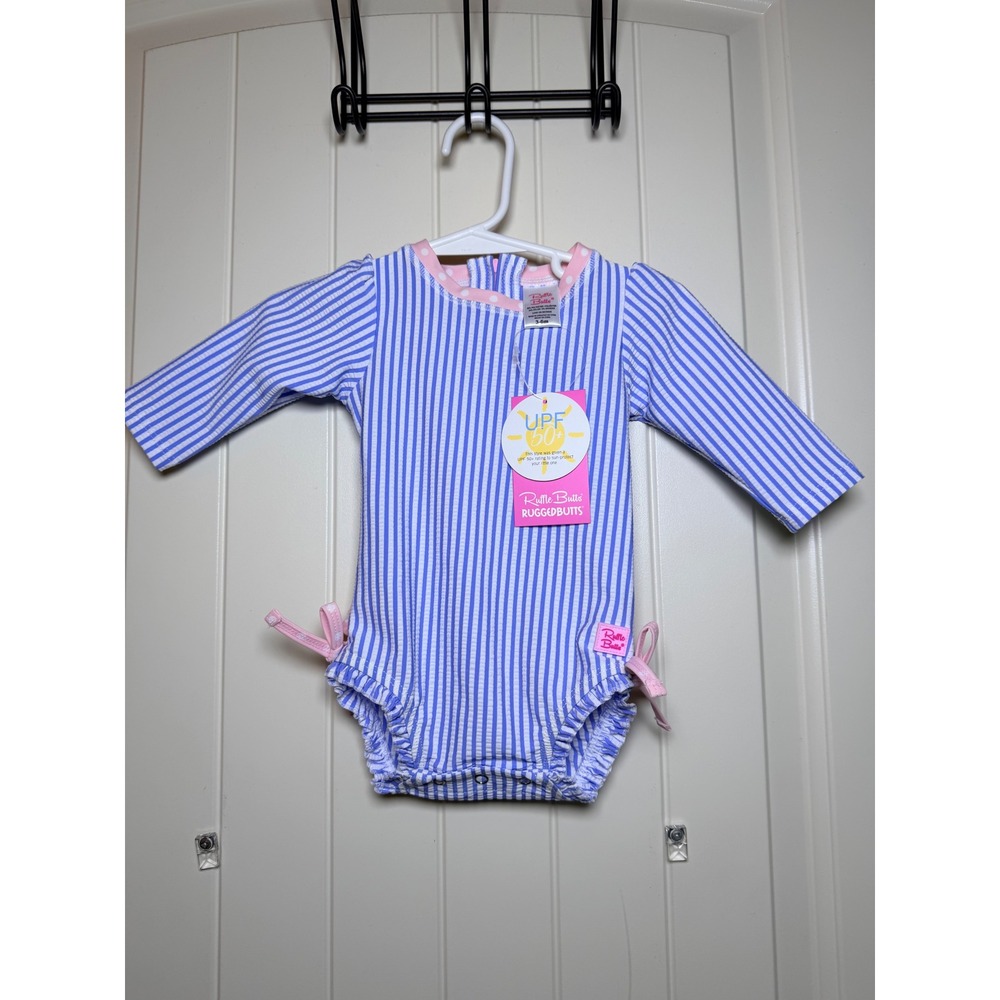 NEW RuffleButts Seersucker One-Piece Rashguard Swimsuit Baby Girl 3-6 Months